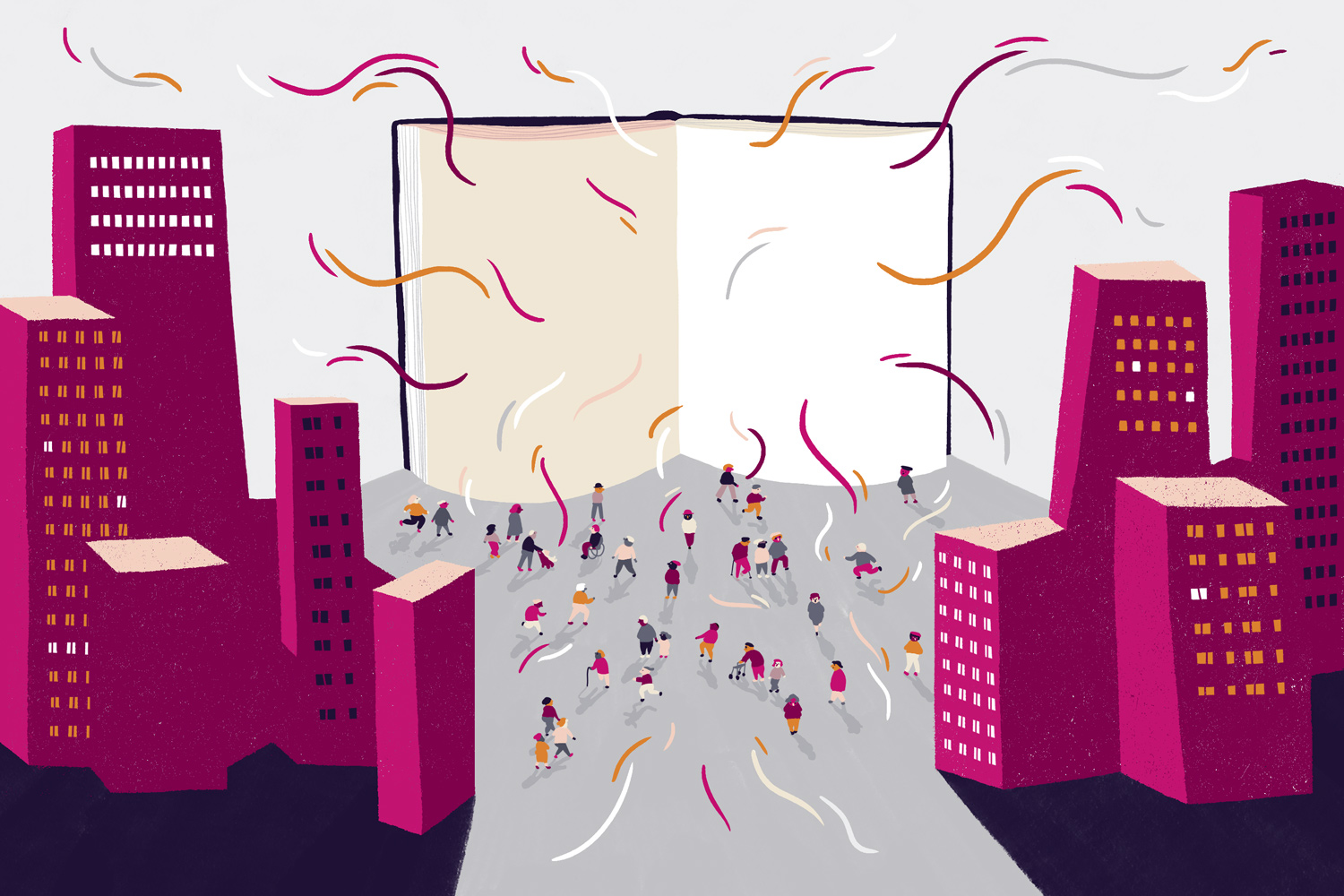 Illustration av en öppen bok framför en stad med människor som söker sig till boken