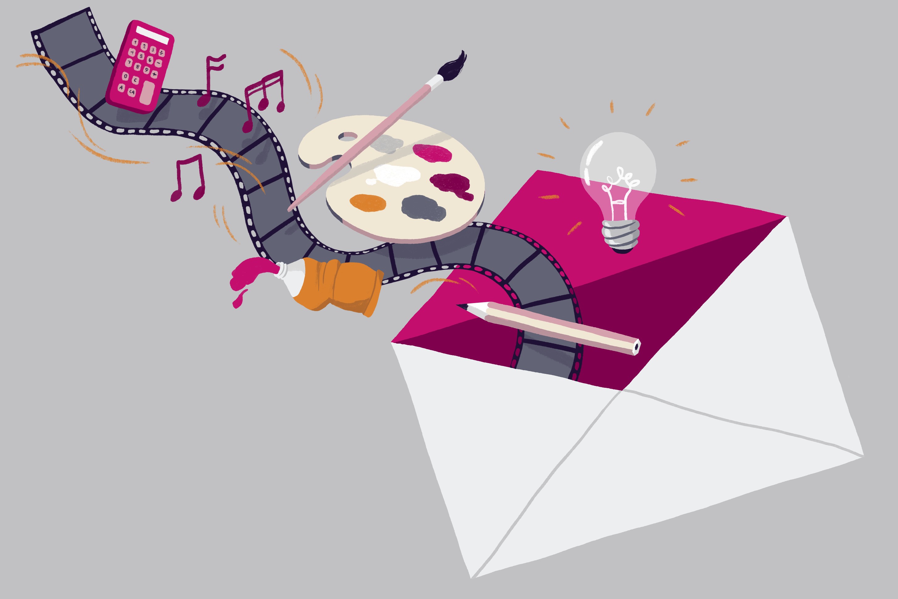 En illustration på ett kuvert där det kommer ut musik, konst, pennor, färg och idéer.
