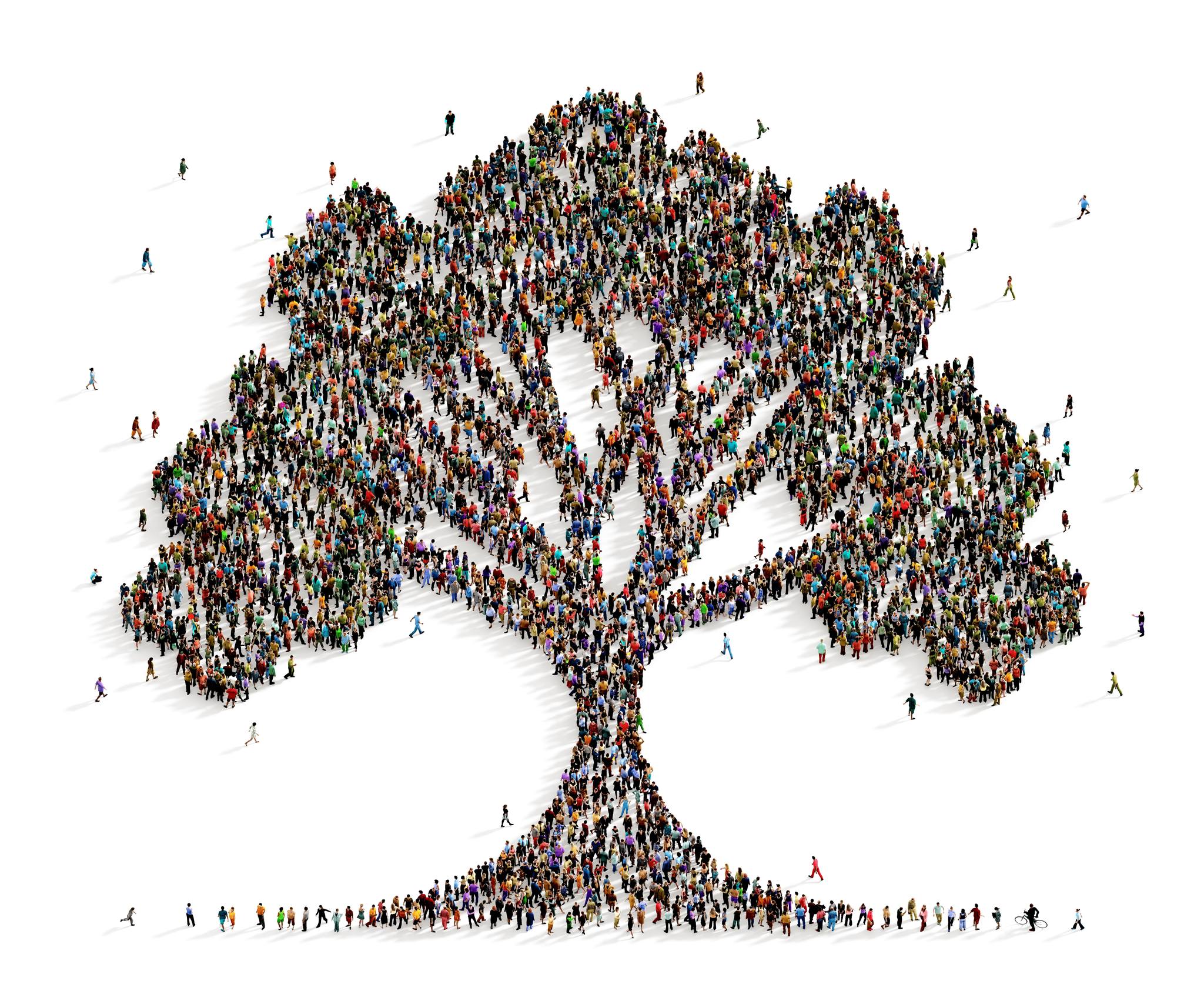 Illustration av ett träd som bildas av ett myller av människor. 