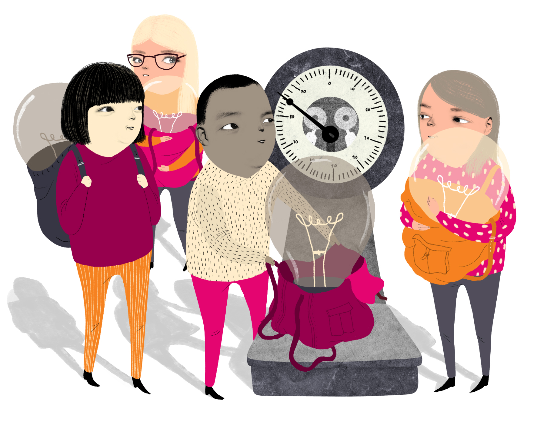 Illustration på fem personer med vars en glödlampa. En person väger sin glödlampa på en stor våg.