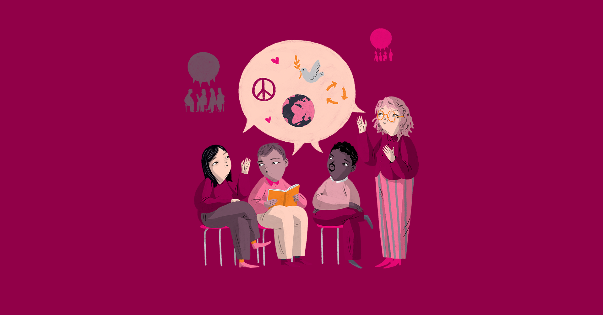 Illustration av fyra människor som samtalar i en paneldebatt.