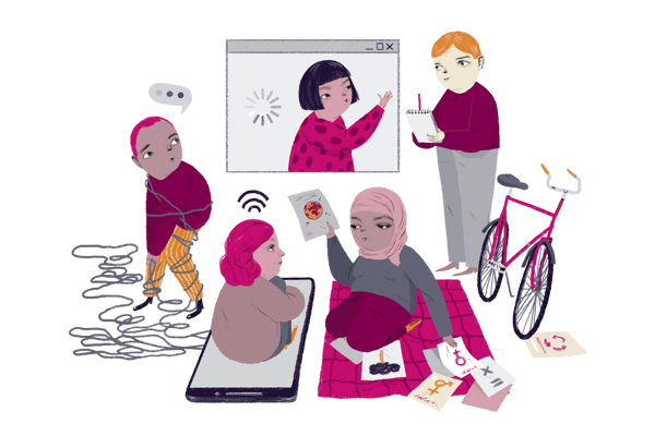 Illustration av människor som samlats runt en skärm, några pratar, en antecknar och en annan trasslar in sig i en sladd.