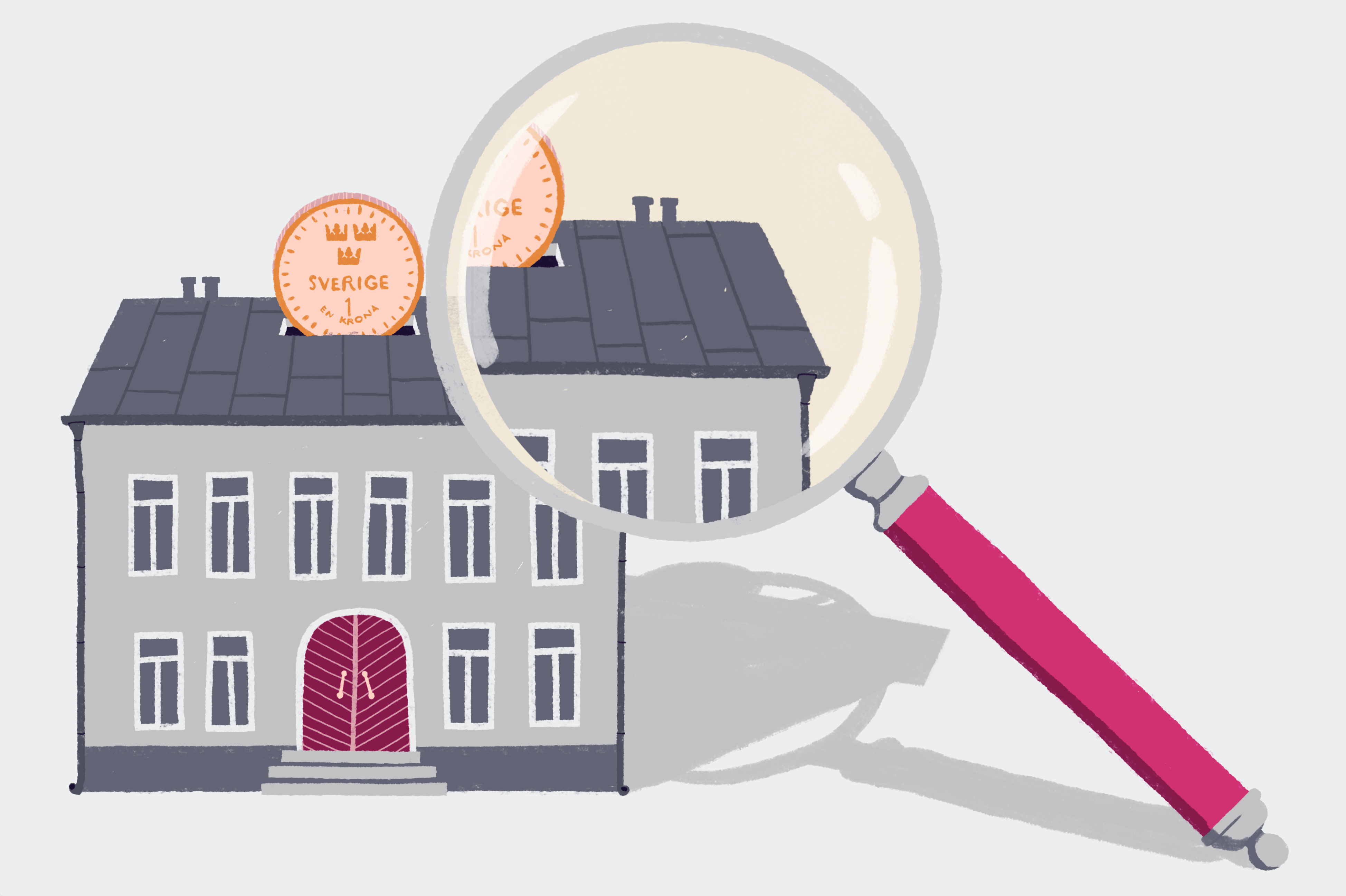 Illustration av ett skolhus med ett förstoringsglas framför