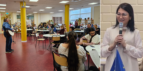 Avslutning för Fast Care på Sundbybergs folkhögskola. Projektledaren Guzalay Suleimanova håller tal.