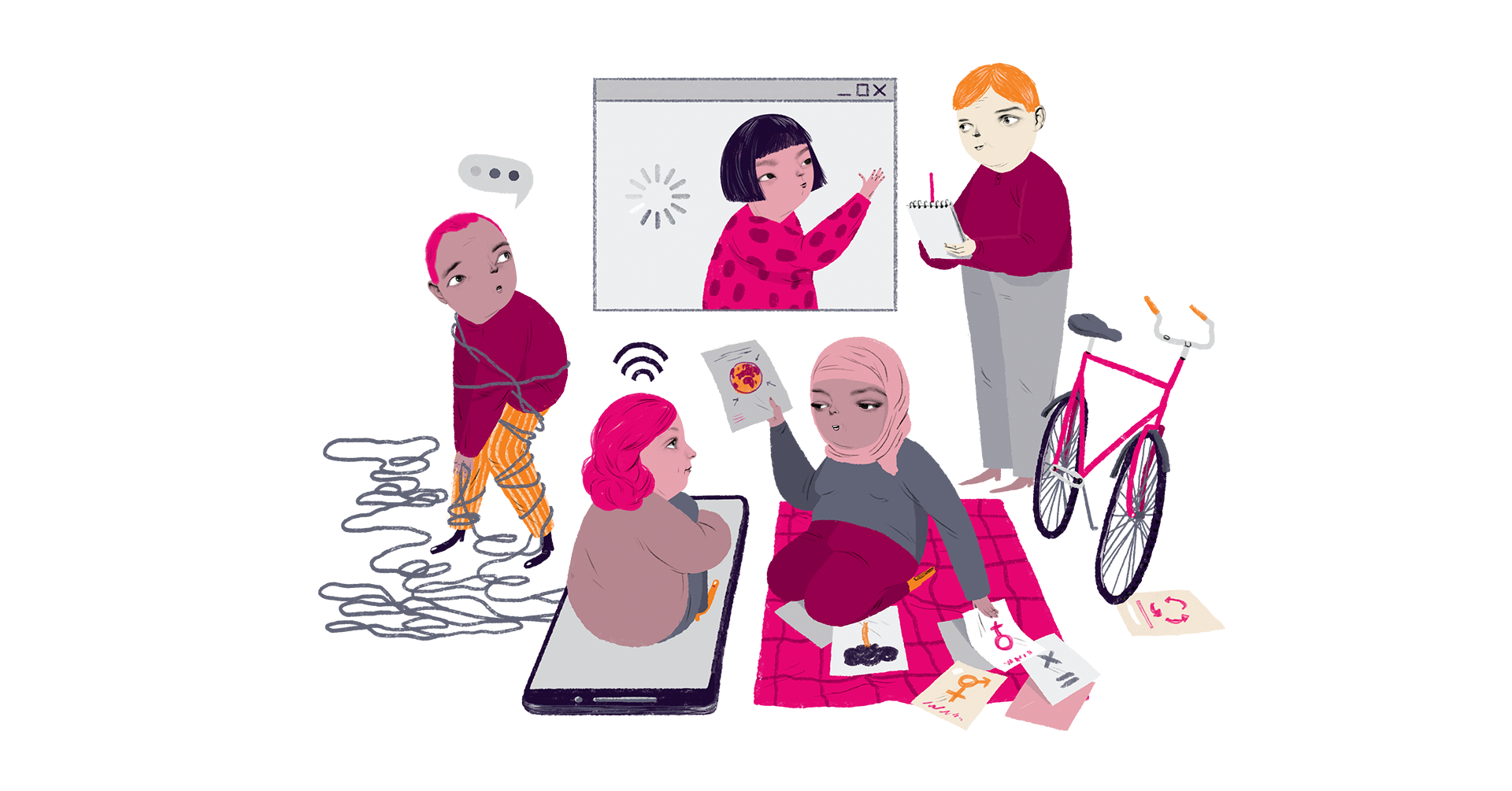 Illustration av en grupp människor som är upptagna med olika kreativa aktiviteter.